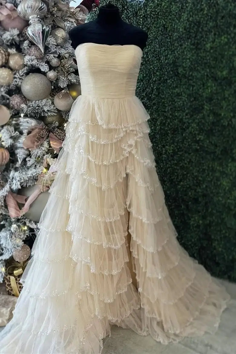 Ivory Strapless Prom Dress with Ruffles Layered Sequin Tulle