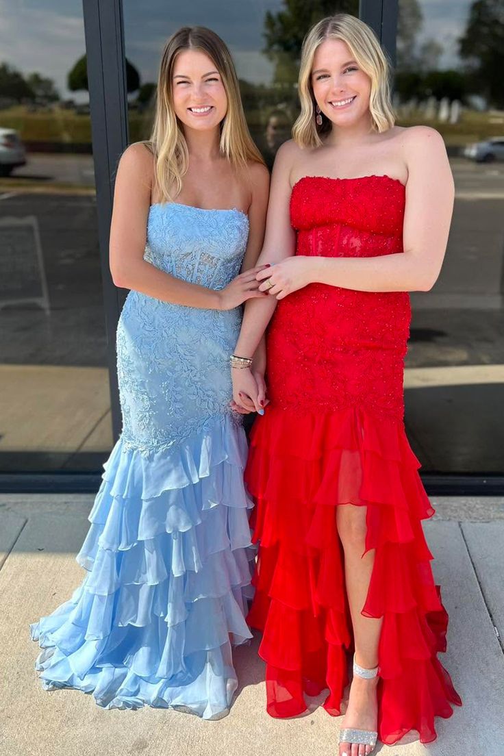 Pink Strapless Senior Prom Dresses Mermaid Lace Tiered Formal Wear