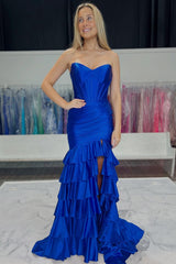 2025 Strapless Tiered Stretch Satin Prom Dress Mermaid with Slit