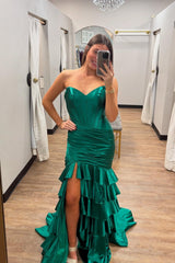 2025 Strapless Tiered Stretch Satin Prom Dress Mermaid with Slit