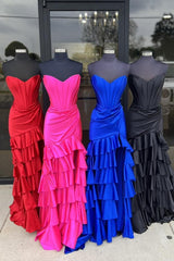 2025 Strapless Tiered Stretch Satin Prom Dress Mermaid with Slit