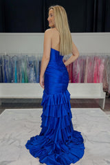 2025 Strapless Tiered Stretch Satin Prom Dress Mermaid with Slit