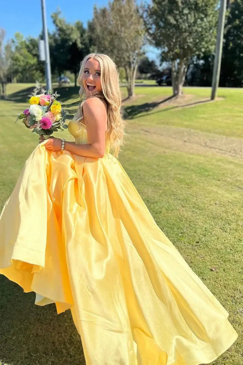 Ball Gown Strapless Yellow Satin Prom Dresses Corset Sweetheart