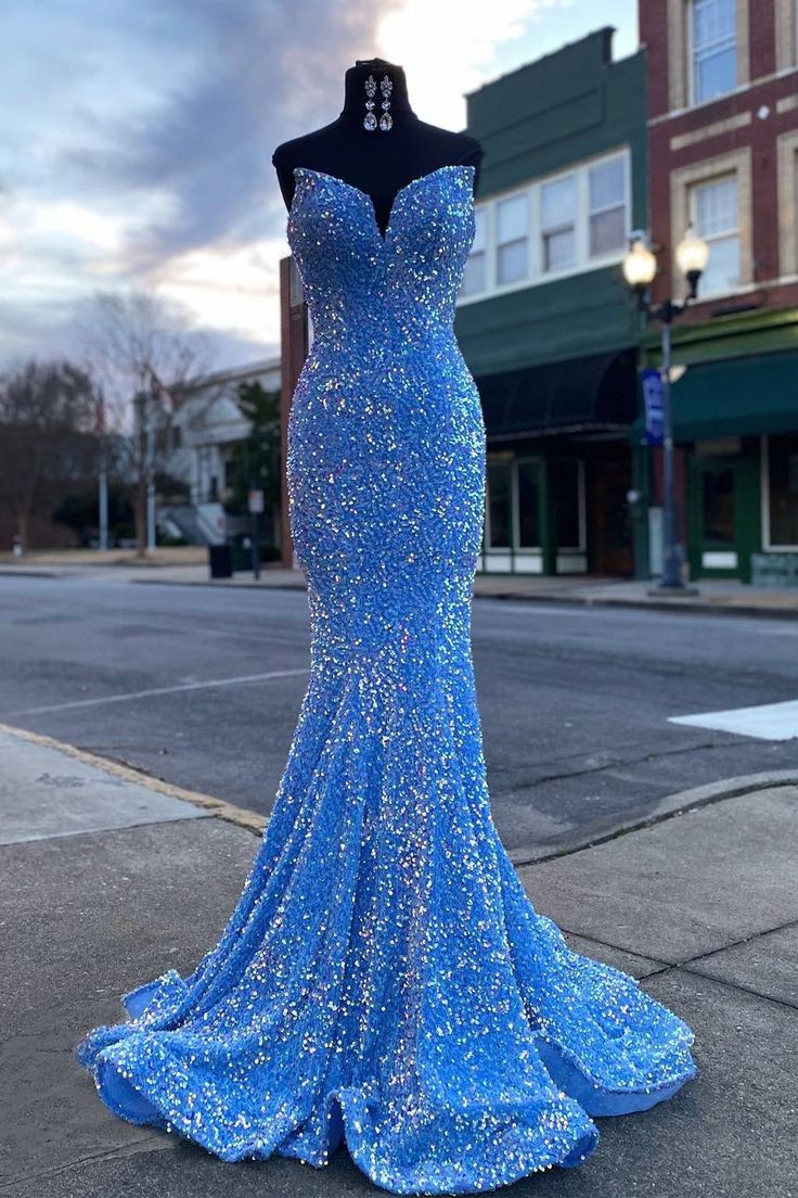 Strapless blue prom sequin Dress Velvet Sequins Long Party Dresses