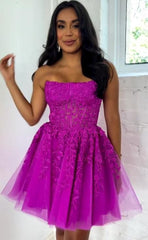 Strapless Lace Magenta Homecoming Dresses Short Corset Bodice