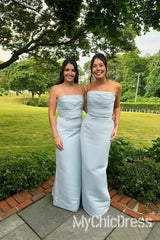 Strapless Light Blue Bridesmaid Dress Long Party Dress Ruched