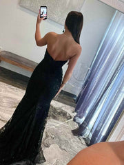 Mermaid Lace Long Black Prom Dresses Strapless with sequins