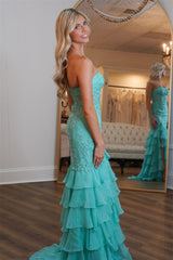 Mint Strapless Tiered Prom Dress Chiffon Appliques Long Formal Dress