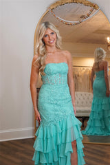 Mint Strapless Tiered Prom Dress Chiffon Appliques Long Formal Dress