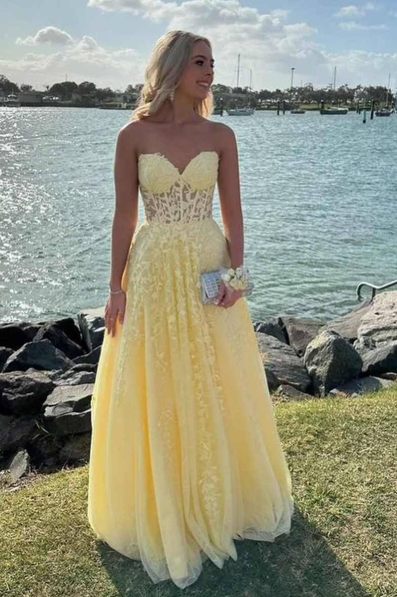 Strapless Yellow Prom Dresses Lace A-Line Formal Wear Online