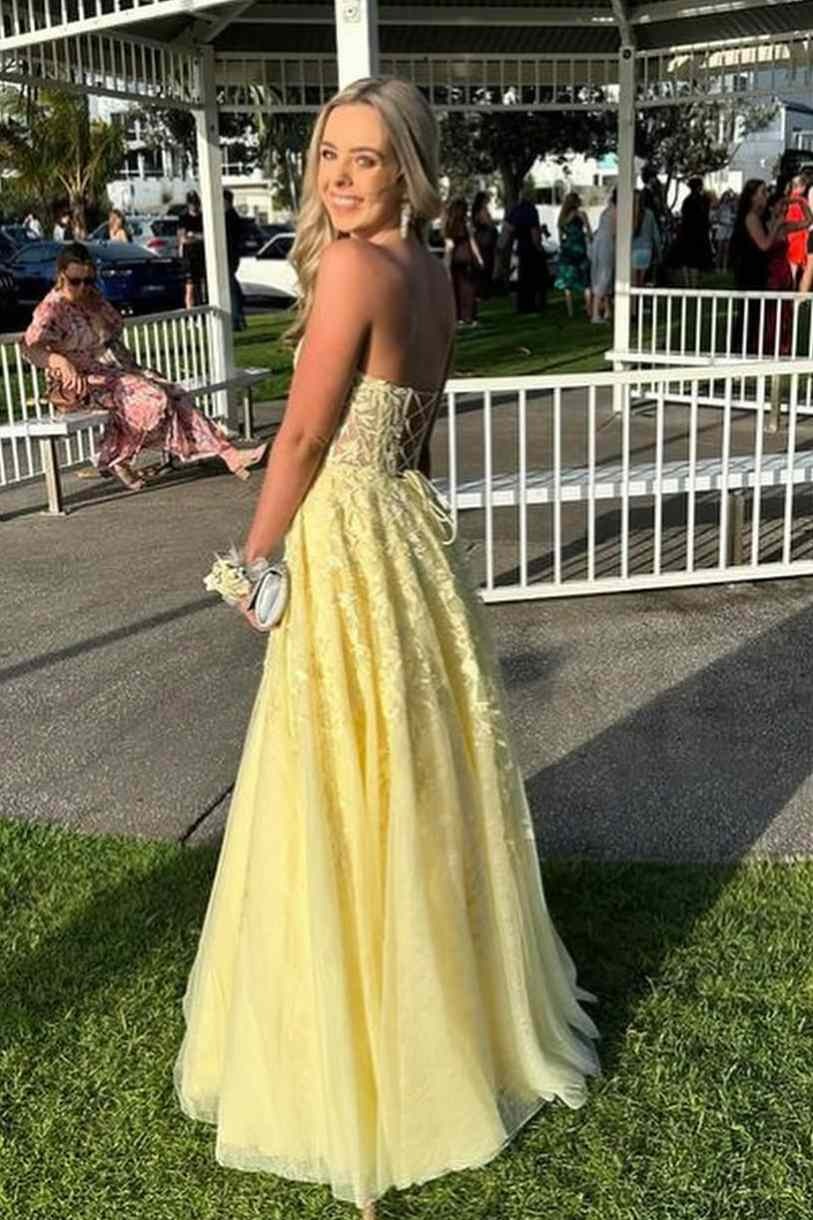 Strapless Yellow Prom Dresses Lace A-Line Formal Wear Online - MyChicDress