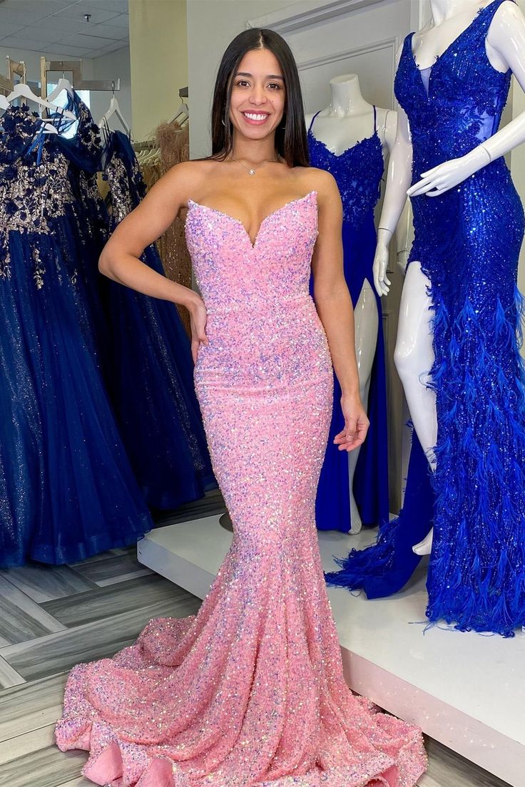 Strapless pink Evening Dress Velvet Sequins Long Party Dresses