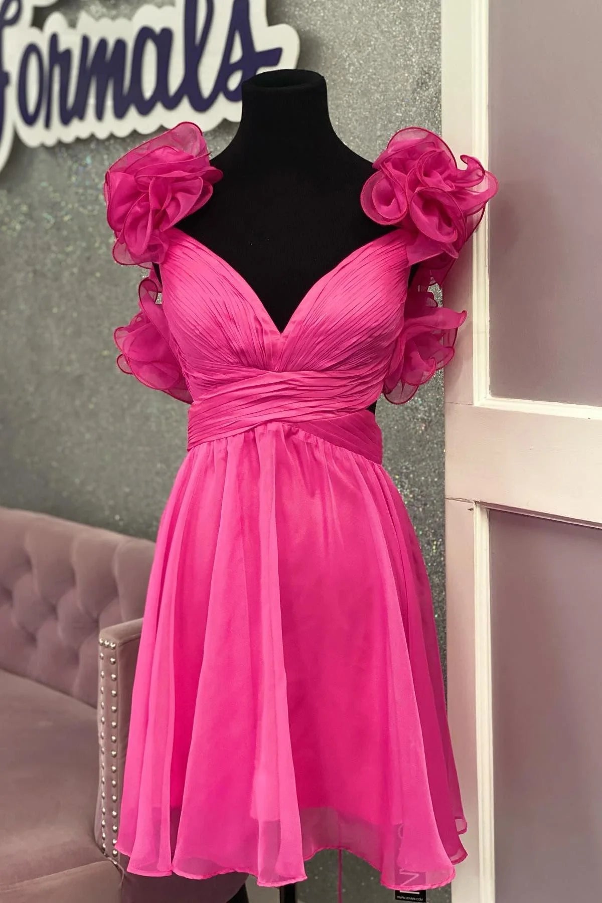 Straps Short Homecoming Dress Hot Pink Pleated Ruffles