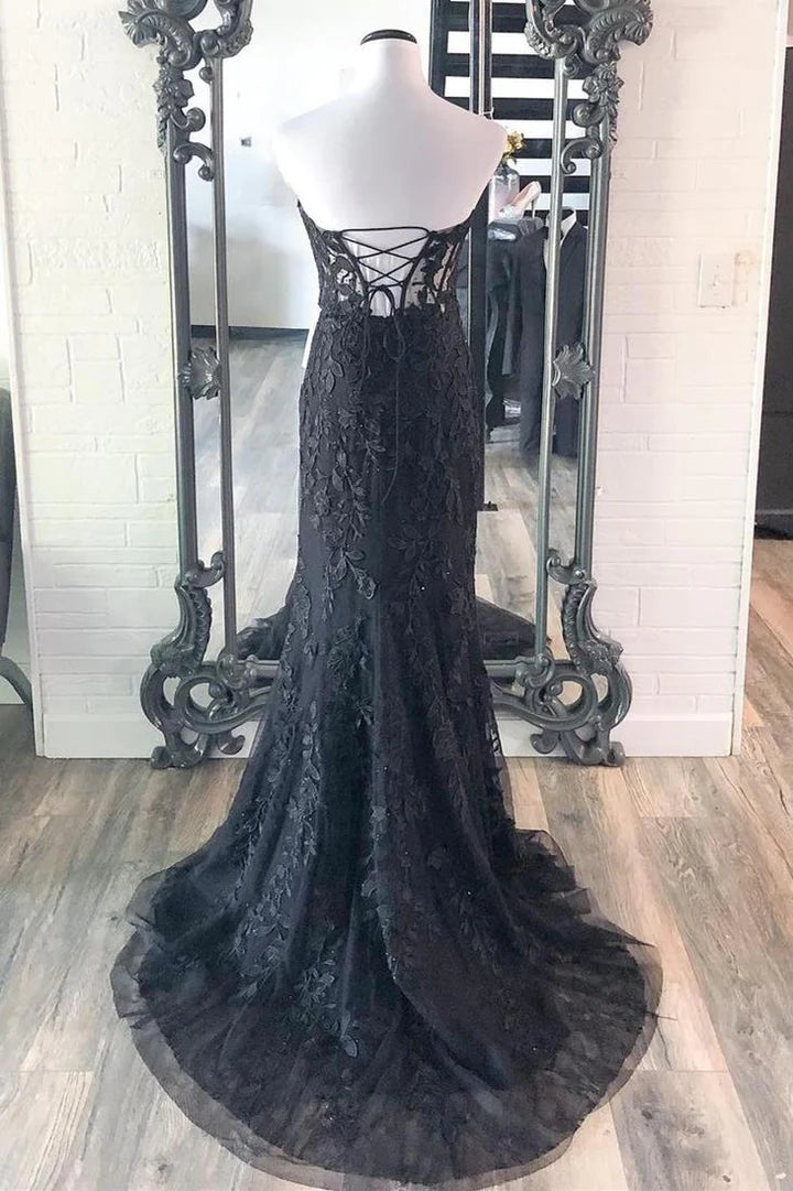 Sweetheart Mermaid Lace Black Corset Prom Dresses Cheap Long Formal Dresses - MyChicDress