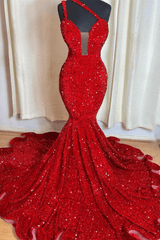 Sweetheart Sleeveless Sequins Red Mermaid Prom Dresses