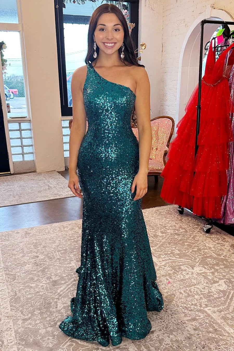 Sequin Prom Dress One-Shoulder Trumpet Mermaid Maxi Dresses