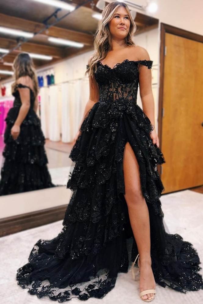 Plus Size Tiered Black Prom Dress Ruffles Off the Shoulder Sequin Lace