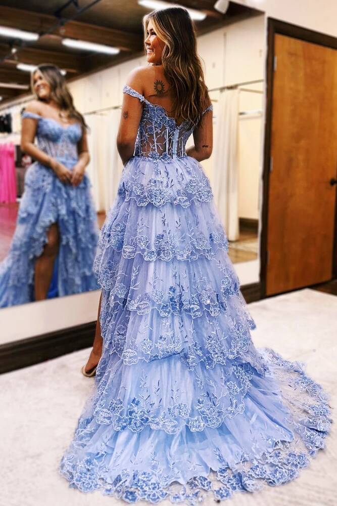 Plus Size Tiered blue Prom Dress Ruffles Off the Shoulder Sequin Lace - MyChicDress