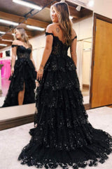 Plus Size Tiered Black Prom Dress Ruffles Off the Shoulder Sequin Lace