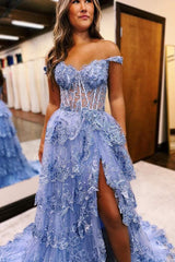 Plus Size Tiered Prom Dress Ruffles Off the Shoulder Sequin Lace