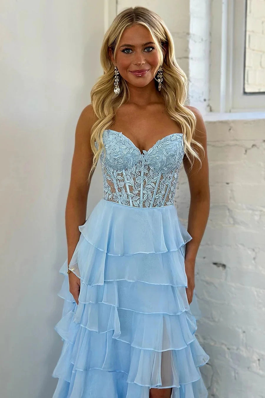 Tiered Corset Formal Dresses Sky Blue A-Line Long Prom Dress - MyChicDress