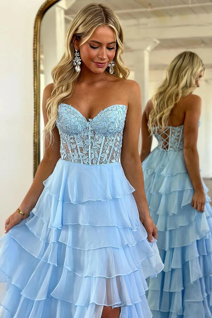 Tiered Corset Formal Dresses Sky Blue A-Line Long Prom Dress - MyChicDress