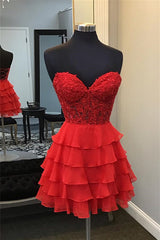  Lace tiered Short hoco Dress red Sweetheart Ruffles Chiffon Mychicdress