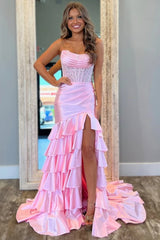 Tiered Light Pink Prom Dresses Lace Applique Ruffle Strapless with Slit