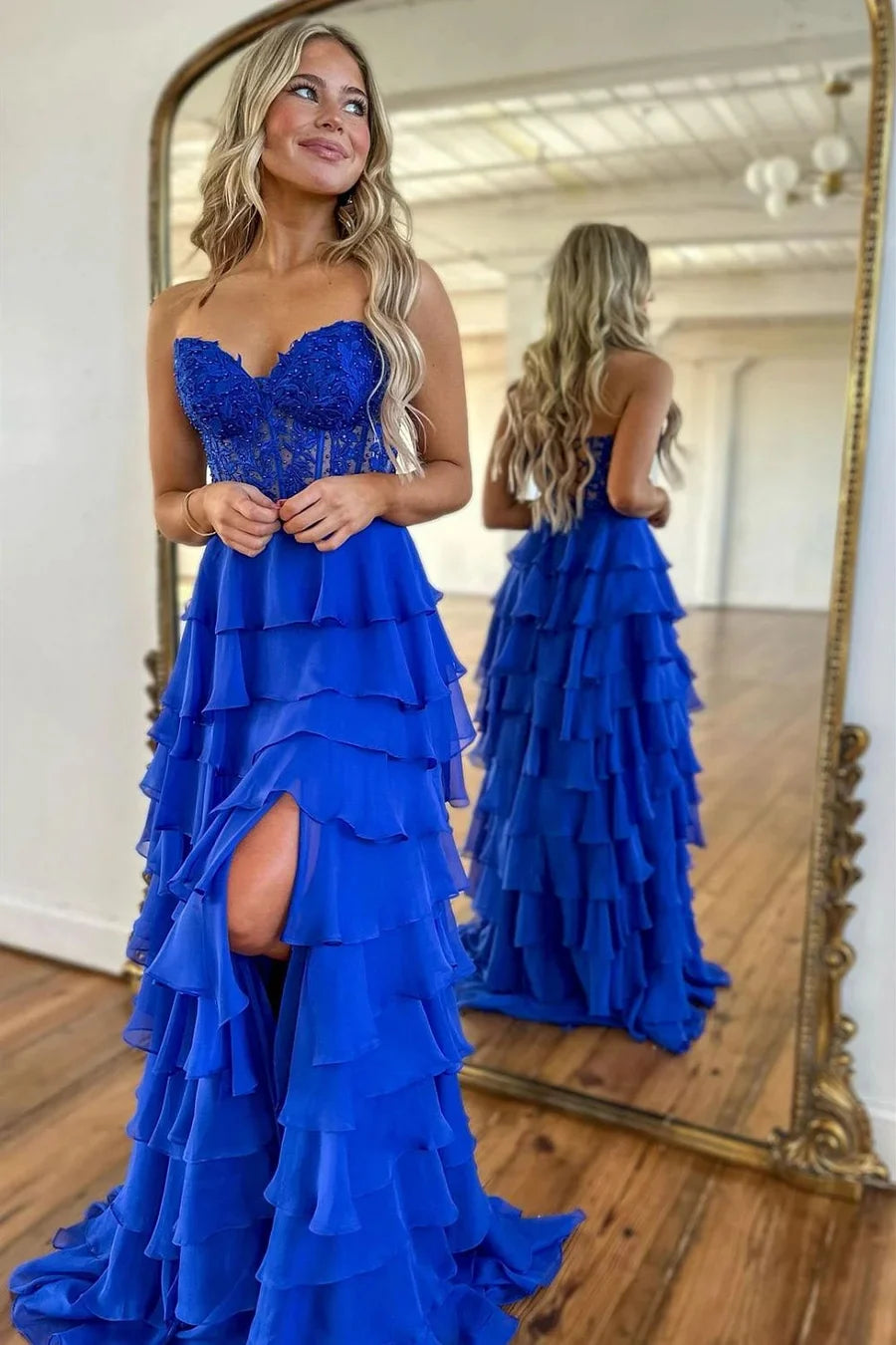 Tiered Corset Formal Dresses royal Blue A-Line Long Prom Dress