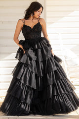 Tiered Red Prom Dress A Line Tulle Sweetheart with Appliques