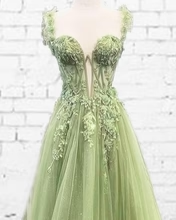 Tulle Sage Green A-line Prom Dresses Lace Appliques