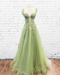 Tulle Sage Green A-line Prom Dresses Lace Appliques