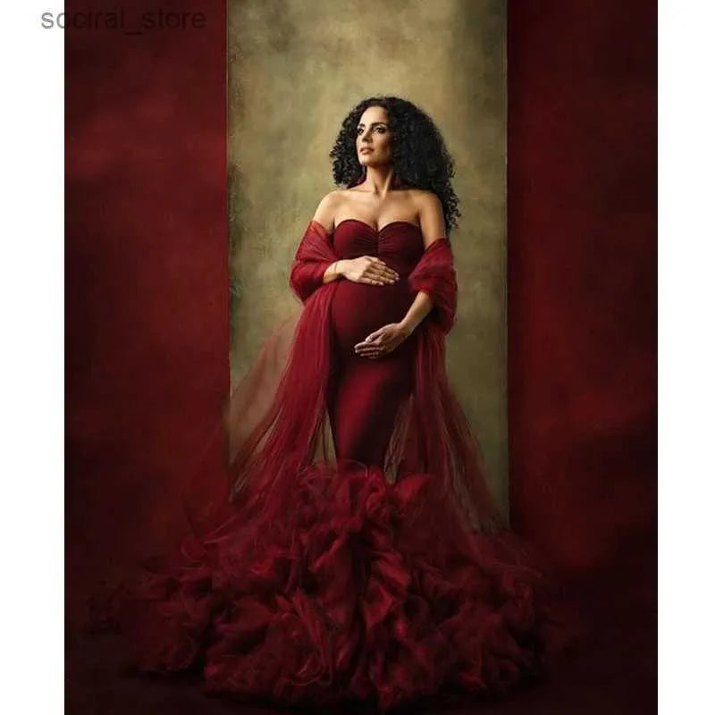 Vestido de maternidade sereia de tule azul céu para sessão de fotos feminino roupão de banho
