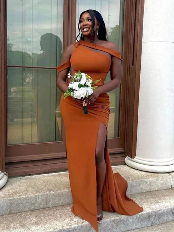 Unique Orange Mermaid Wedding Guest Dress Fall Long Beach Formal Bridesmaid Dresses MyChicDress