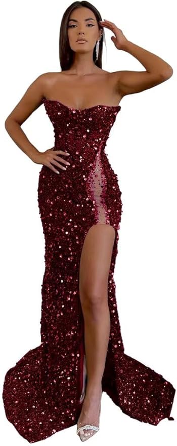 Unique Sequins burgundy Prom Dress Sleeveless Mermaid Mychicdress