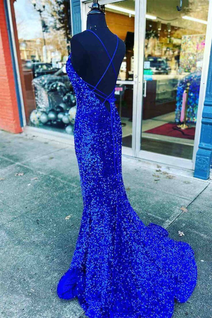 V Neck Royal Blue Evening Dresses UK Seqins Long Prom Dress Mermaid with Split MyChicDress