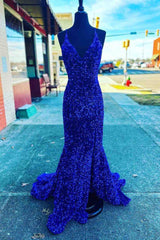 V Neck Royal Blue Evening Dresses UK Seqins Long Prom Dress Mermaid with Split MyChicDress