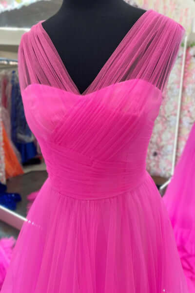 V Neck A Line Cheap Prom Dresses Pink Tulle Long Formal Dress - MyChicDress