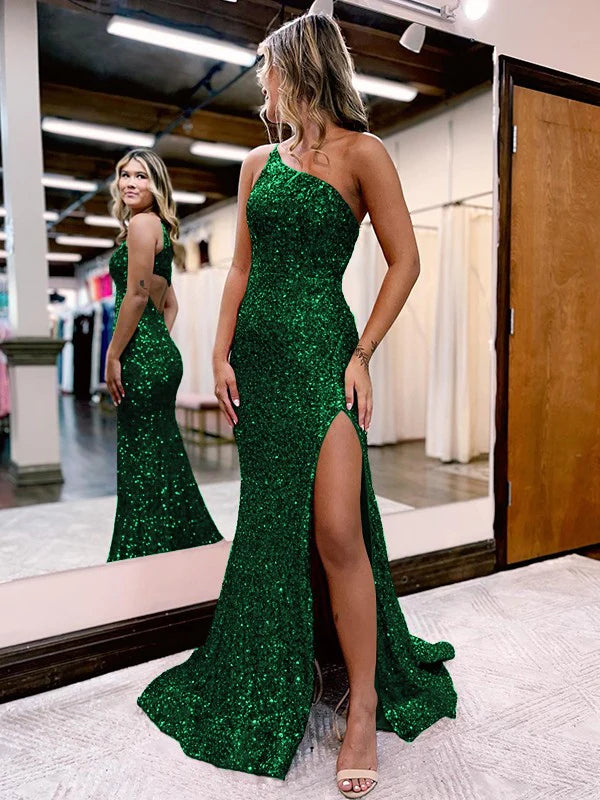 V Neck Long Glitter Prom Dresses Mermaid Evening Dress Sequins Slit - MyChicDress