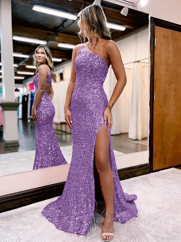 V Neck Long Glitter Prom Dresses Mermaid Evening Dress Sequins Slit - MyChicDress