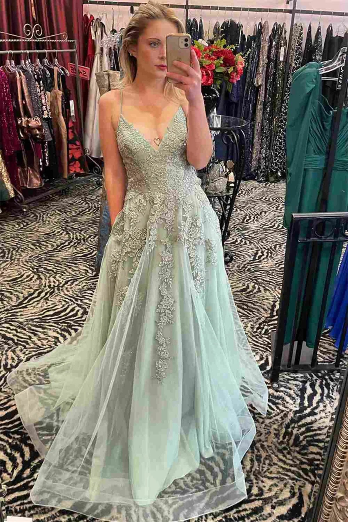 V Neck Sage Green Lace Formal Prom Dresses A Line