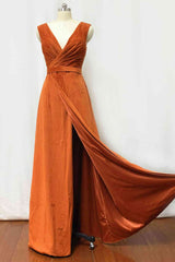 Velvet Burnt Orange Formal Dress V-Neck Bridesmaid Dress Pleated with Belt MyChicDress