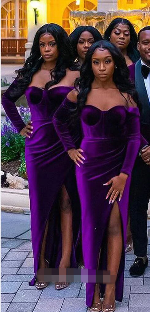 Velvet Purple Bridesmaid Dresses Long Sleeves Mermaid Formal Wedding Guest Dress MyChicDress