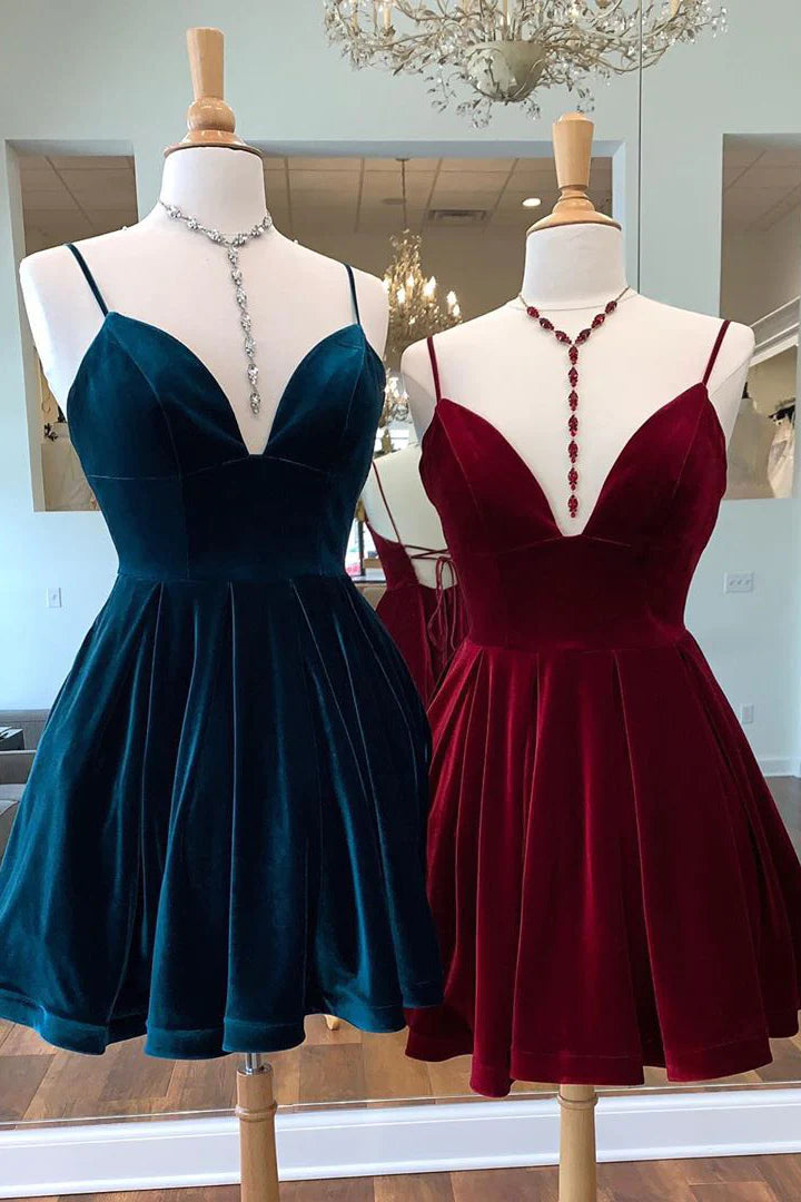 Velvet Short Homecoming Dress Tie Back Straps Winter Formal Dress MyChicDress