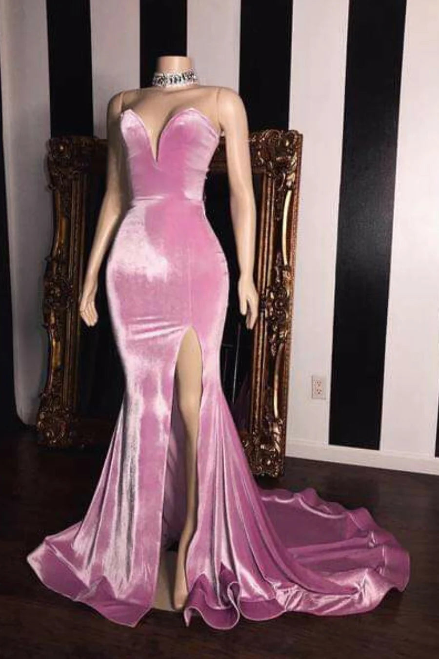  Velvet Wedding pink Guest Dress V neck Mermaid Prom Dresses