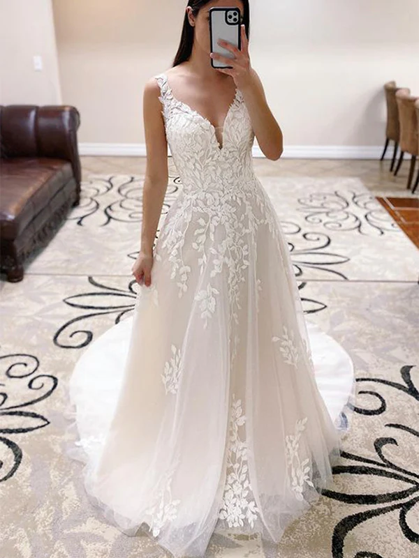 V neck Vintage Lace Wedding Dresses A-line Straps Sweep Train - MyChicDress