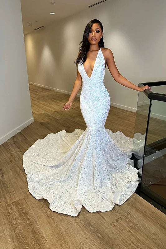 White Iridescent Sequin Prom Dress V Neck Mermaid Formal Evening Gown Straps MyChicDress