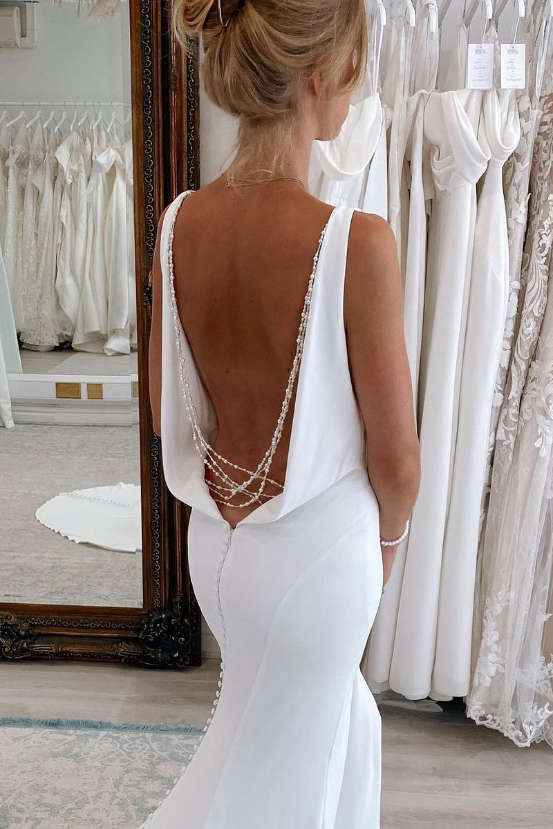 White Soft Satin V Neck Wedding Dresses Pearls Mermaid Backless MyChicDress