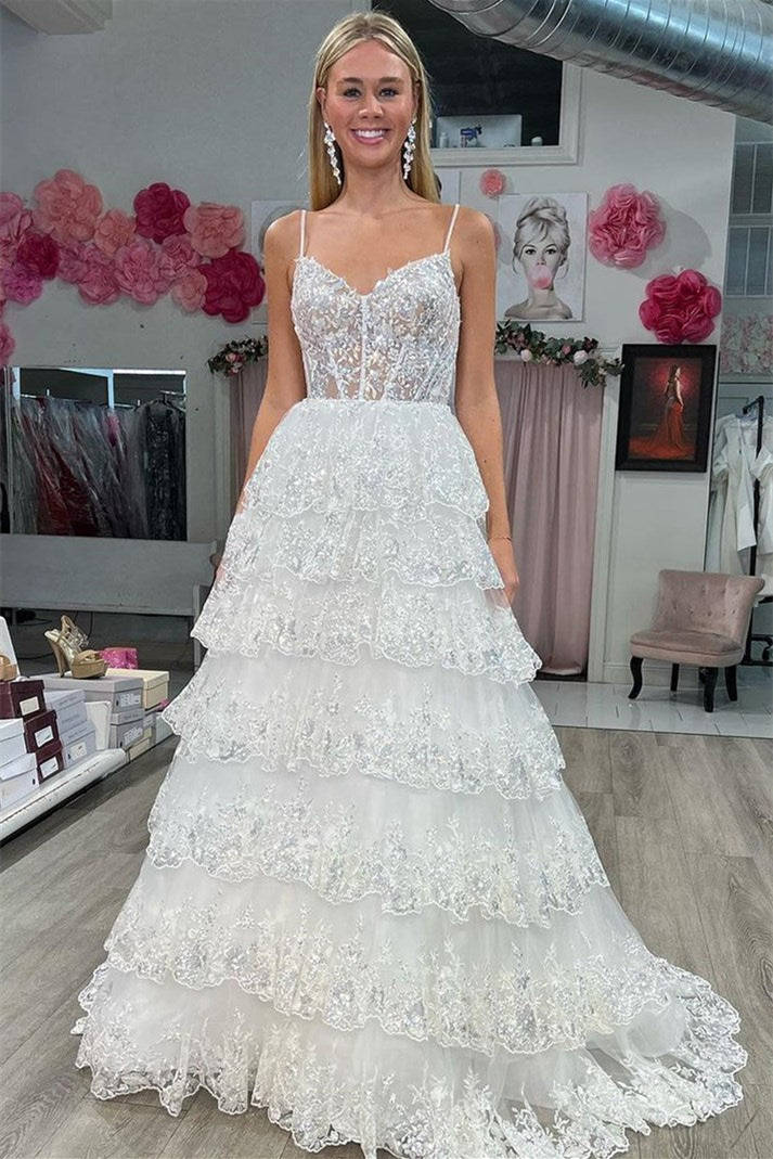 White Layered Tiered Prom Dresses Sequin Spaghetti Straps A-Line - MyChicDress