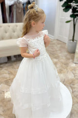 White Little Flower Girl Dress Puff Sleeve Sequin Round Neck